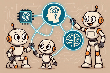 Naklejka premium Three Cute Robots Connected by Glowing Lines to Icons of Fingerprint Brain and Circuit Board on Tan Background