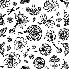 Naklejka premium Delicate floral illustration in black and white with intricate details flowers and leaves