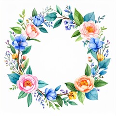 Obraz premium Watercolor Floral Wreath with Pink and Blue Flowers