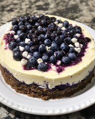 Cheesecake topped with fresh berries and mint on a white plate