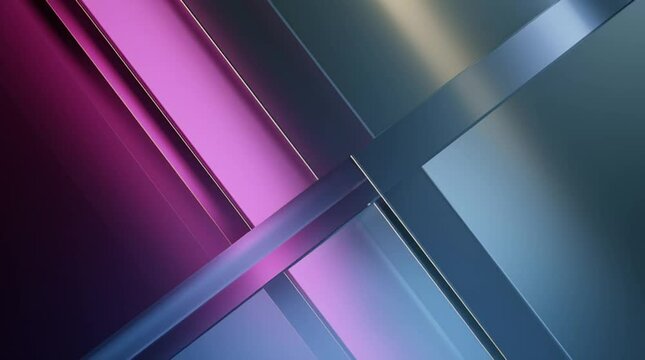 Luxurious tech background of overlapping transparent glass layers with soft parallax motion and a flowing magenta, blue, and silver gradient light.

