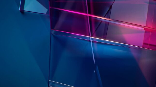 Luxurious tech background of overlapping transparent glass layers with soft parallax motion and a flowing magenta, blue, and silver gradient light.

