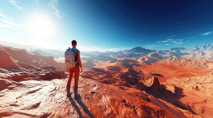 A lone explorer stands atop a  red-desert ridge,  contemplating vast vistas