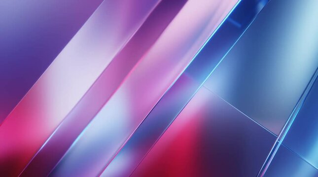Luxurious tech background of overlapping transparent glass layers with soft parallax motion and a flowing magenta, blue, and silver gradient light.

