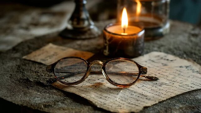 Close up view of tortoiseshell glasses resting on aged handwritten letters near a burning candle; dimly lit, dark brown and beige tones.