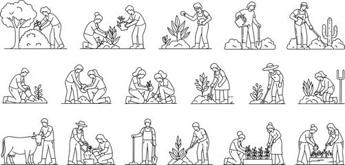 Fototapeta premium Farming and gardening line art illustration of people planting, watering, harvesting, using tools, eco agriculture, countryside lifestyle, black outline drawingflat vector illustration