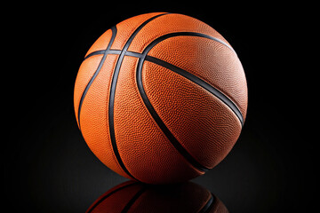 Obraz premium Iconic sports equipment: a solitary basketball reflecting its form on a polished dark surface