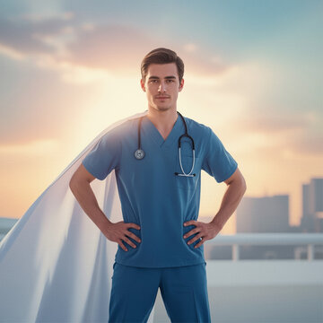 A digital illustration of a heroic healthcare worker wearing a medical uniform and a glowing cape, symbolizing strength, courage, and compassion