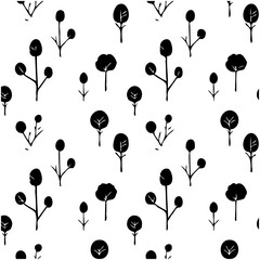 Whimsical Forest: Black and White Seamless Pattern of Stylized Trees and Bushes