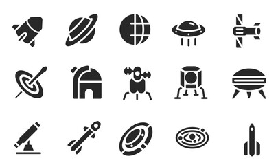 Space Glyph Icons Including Moon Lander, Black Hole, Rocket, Earth, Spacecraft, Rocket, Disc, Moon Lander, Observatory, Ufo, Saturn, Telescope, Solar System, Ufo, Telescope. vector