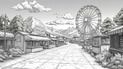 Summer carnival scene with Ferris wheels, game booths, and food stands. Hand draw sketch illustration