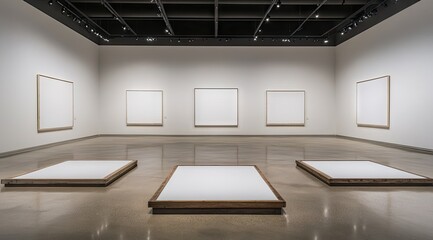 Empty gallery space with five blank canvases and three raised platforms