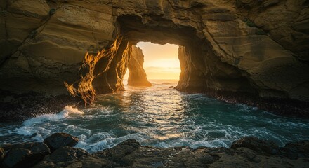 Sunrise through coastal sea cave