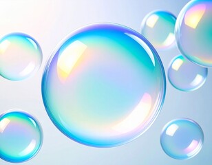 Iridescent Soap Bubbles Floating on a Light Blue Background
