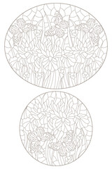 Set of contour illustrations in the style of stained glass with iris flowers and butterflies, dark contours on a white background