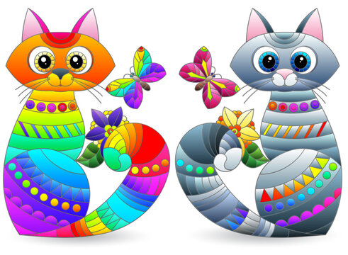 Naklejki A set of stained glass elements with rainbow cats , isolated images on white background
