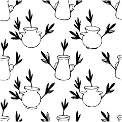 Seamless pattern of hand-drawn pots with plants, creating a minimalist and artistic design