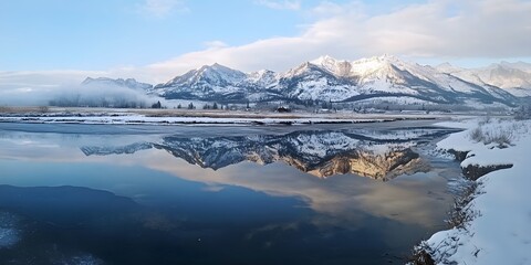 Serene Mountain Lake Sunset Panorama Capturing Vibrant Sky Colors and Majestic Peaks Reflected in Calm Water mountain lake in the morning