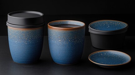 Two dark blue ceramic mugs with gold speckles, matching lids and a small bowl, on a dark surface