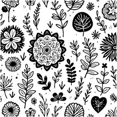 Detailed botanical doodles pattern on white background for textile and design