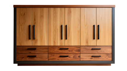 Modern wooden wardrobe with six doors and six drawers featuring black handles isolated on transparent background