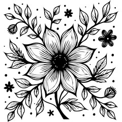 Elegant Black and White Floral Illustration with Intricate Details and Artistic Flair