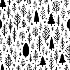 Hand-Drawn Christmas Tree Pattern on White Background for Festive Decorations