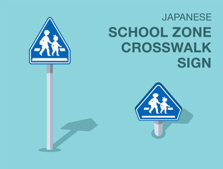 Traffic regulation rules. Isolated japanese "school zone crosswalk" road sign. Front and top view. Flat vector illustration template.