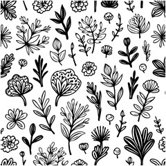 Elegant botanical line art pattern with floral elements and leaf details