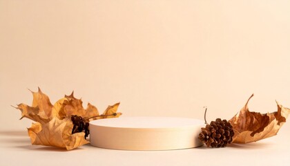 Beige Podium with Autumn Leaves and Pine Cones