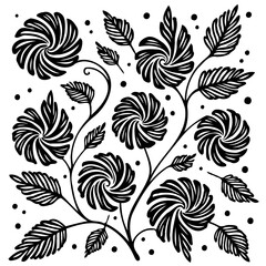 Elegant black and white floral pattern with swirling blossoms and detailed leaves