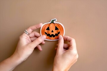 A person hand is attaching a Halloween pumpkin sticker on a wall