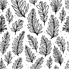 Seamless botanical pattern featuring stylized leafy branches in black and white