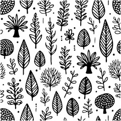 Elegant black and white botanical pattern design with diverse leaf motifs and natural shapes
