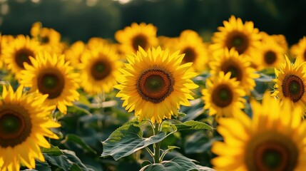 Fototapeta premium Bright yellow sunflowers are in a field during golden hour light