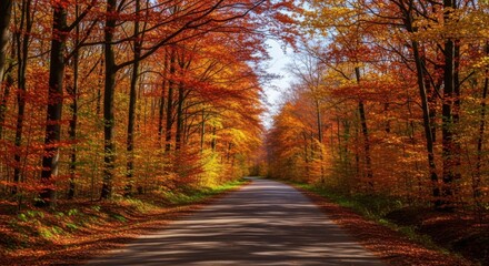 A Paved Road Through a Forest During the Vibrant Autumn Season with Trees Showing Bright Orange and Yellow Leaves and Sunlight Filtering Through the Canopy Above