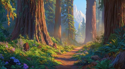 Sunny redwood forest path. Lush greenery, towering trees, and a mountain vista