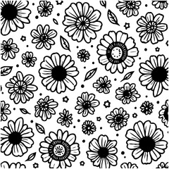 Floral Vector Pattern: Black and White Seamless Design with Daisy Flowers, Leaves
