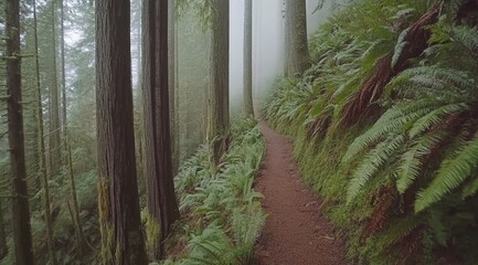 Misty forest path winding through tall trees (2)
