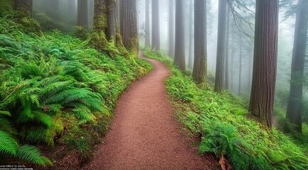 Winding trail through a misty forest filled with ferns and lush greenery