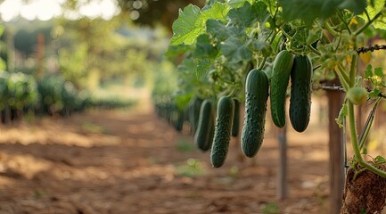 Cucumbers hanging from vines in a field (1)