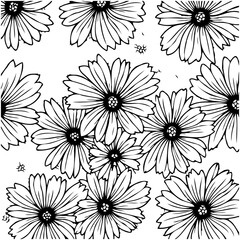 Hand-drawn floral pattern background featuring various daisy blossom illustrations