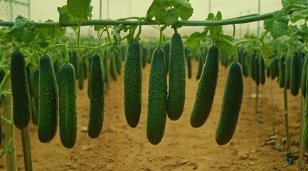 Cucumbers hanging in a greenhouse
