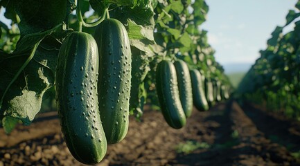 Cucumbers hanging from vines in a field. Sunlight highlights the produce