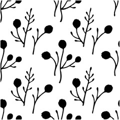 Elegant floral seamless pattern with black stylized berries and twigs design