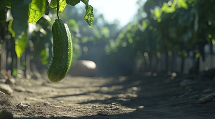 Fresh cucumber hangs from vine in sunlit garden