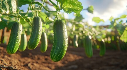 Cucumbers hanging from vines in a garden