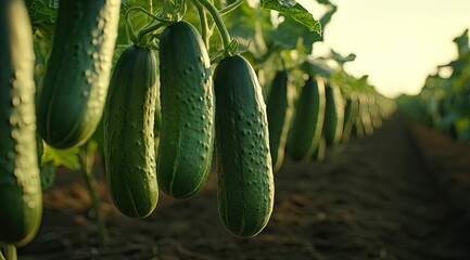 Close-up of cucumbers hanging from vines in a field