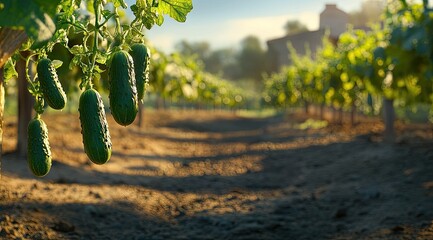 Cucumber plants in a field, morning light