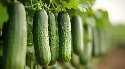 Close-up of fresh cucumbers hanging from vines